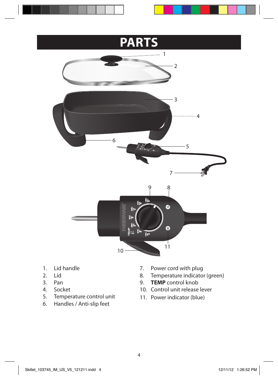 Parts, Illustrations | FARBERWARE 103745 Non-Stick Electric Skillet User Manual | Page 4 / 11