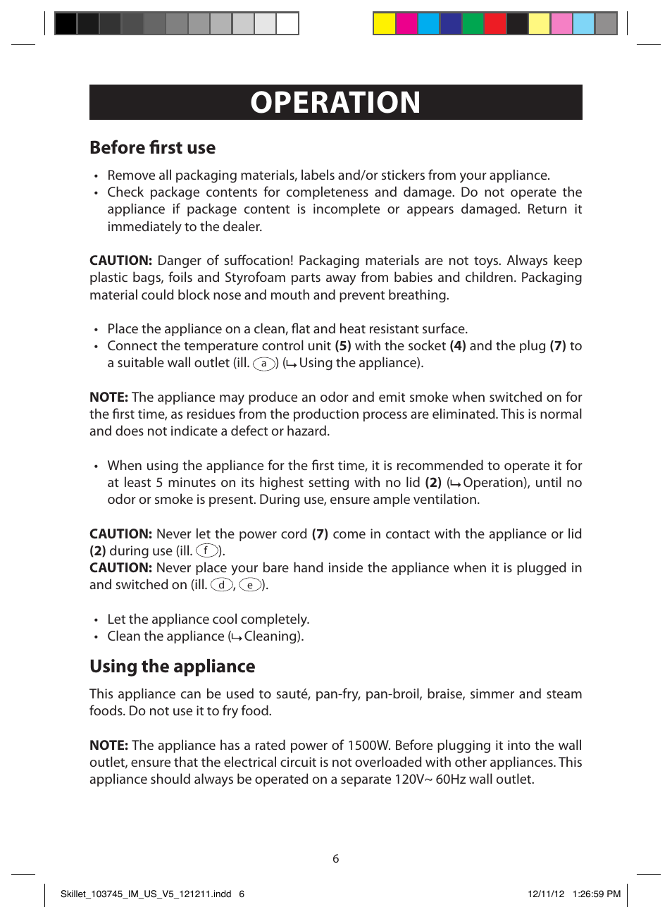 Operation, Before first use, Using the appliance | FARBERWARE 103745 Non-Stick Electric Skillet User Manual | Page 6 / 11