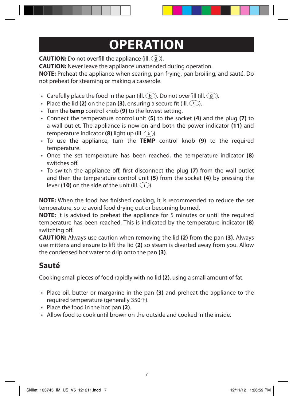 Operation, Sauté | FARBERWARE 103745 Non-Stick Electric Skillet User Manual | Page 7 / 11