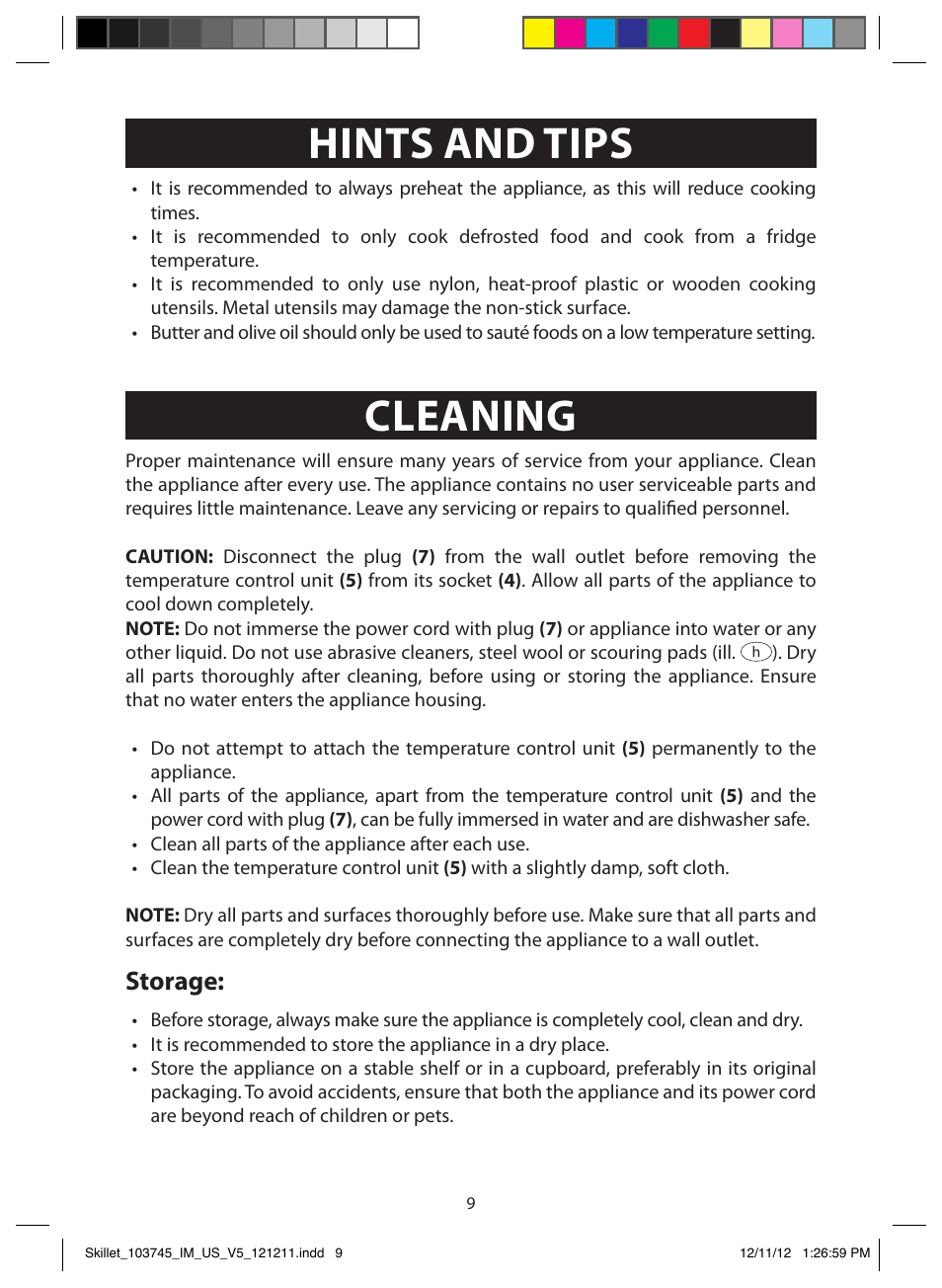 Hints and tips, Cleaning, Storage | FARBERWARE 103745 Non-Stick Electric Skillet User Manual | Page 9 / 11