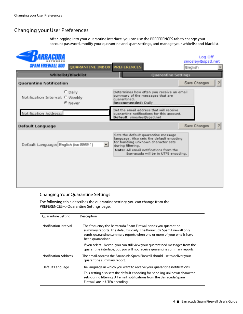 Changing your quarantine settings, Changing your user preferences | Barracuda Networks Spam Firewall User Manual | Page 4 / 5