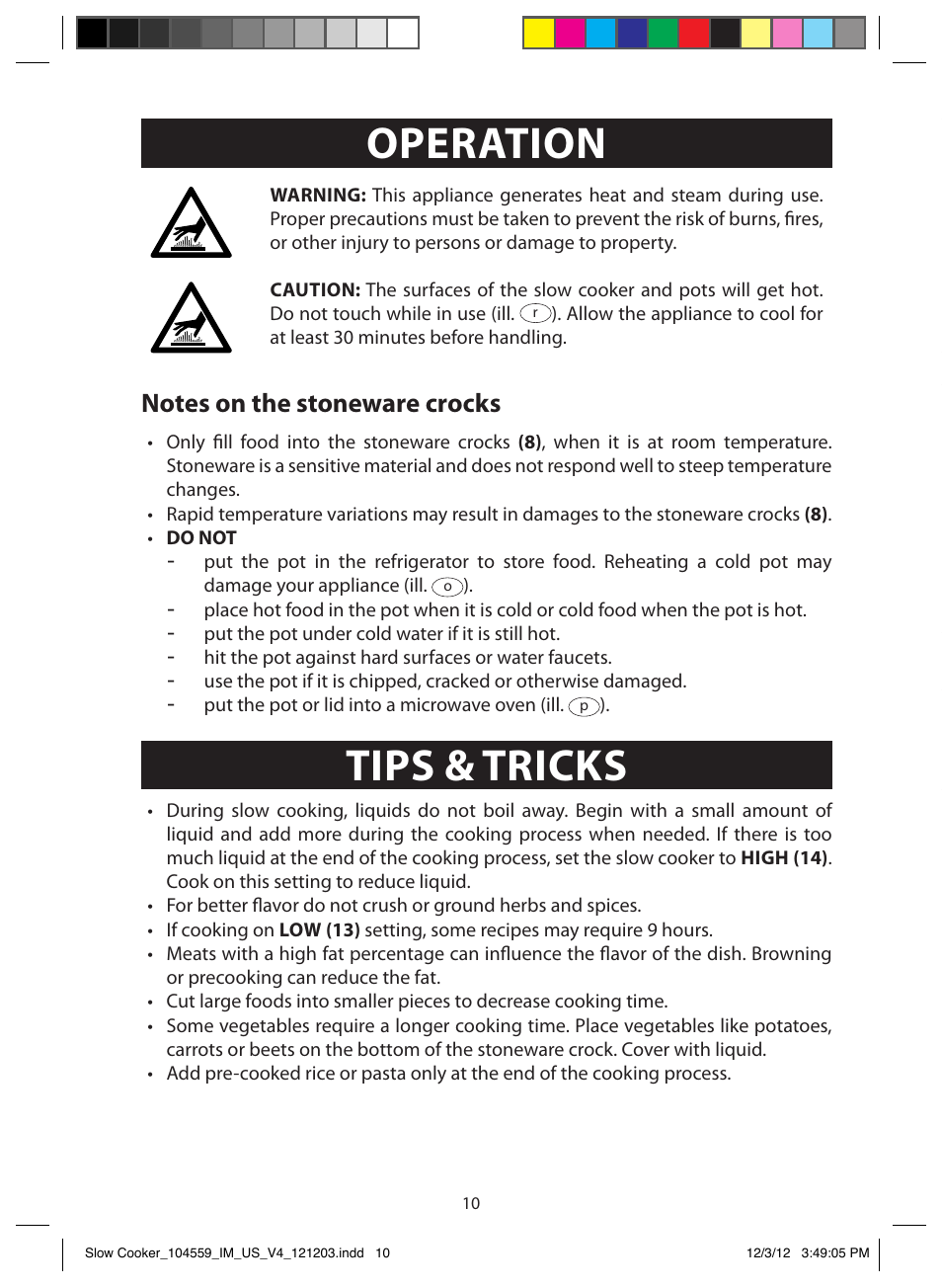 Operation, Tips & tricks, Cleaning and maintenance | Recipes, Chili dip | FARBERWARE 104559 3 Crock 1.5 Qt. Oval Slow Cooker User Manual | Page 10 / 15