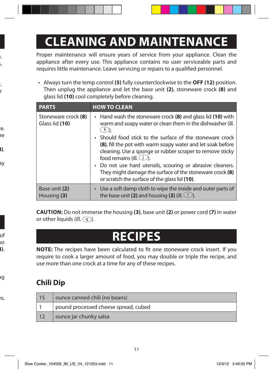 Operation, Tips & tricks, Cleaning and maintenance | Recipes, Chili dip | FARBERWARE 104559 3 Crock 1.5 Qt. Oval Slow Cooker User Manual | Page 11 / 15