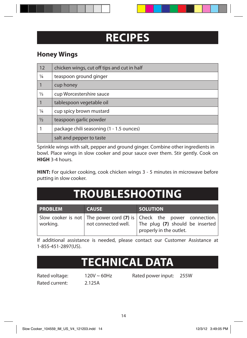 Customer assistance, Recipes, Troubleshooting | Technical data, Honey wings | FARBERWARE 104559 3 Crock 1.5 Qt. Oval Slow Cooker User Manual | Page 14 / 15