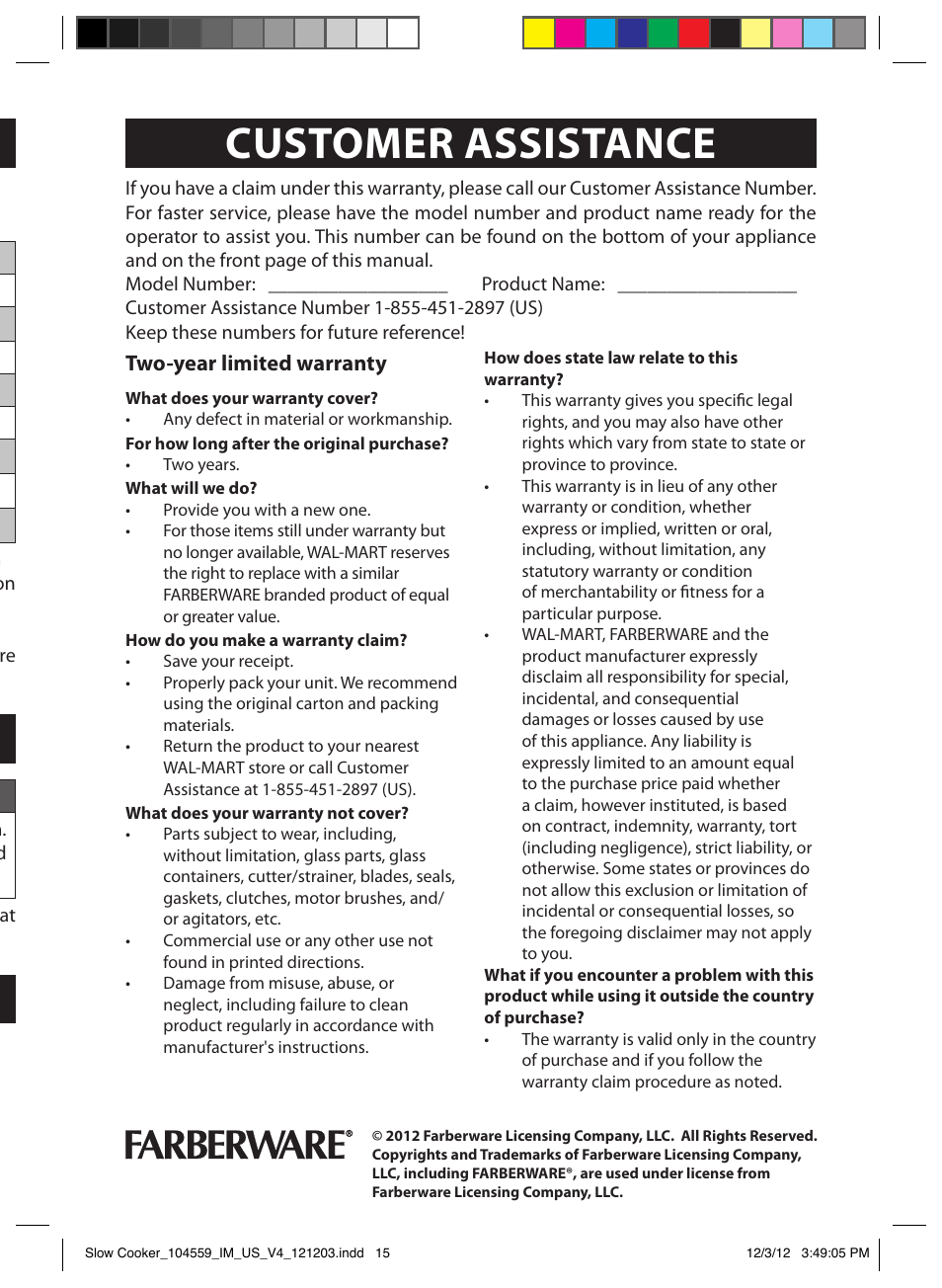 Customer assistance, Recipes, Troubleshooting | Technical data, Honey wings | FARBERWARE 104559 3 Crock 1.5 Qt. Oval Slow Cooker User Manual | Page 15 / 15