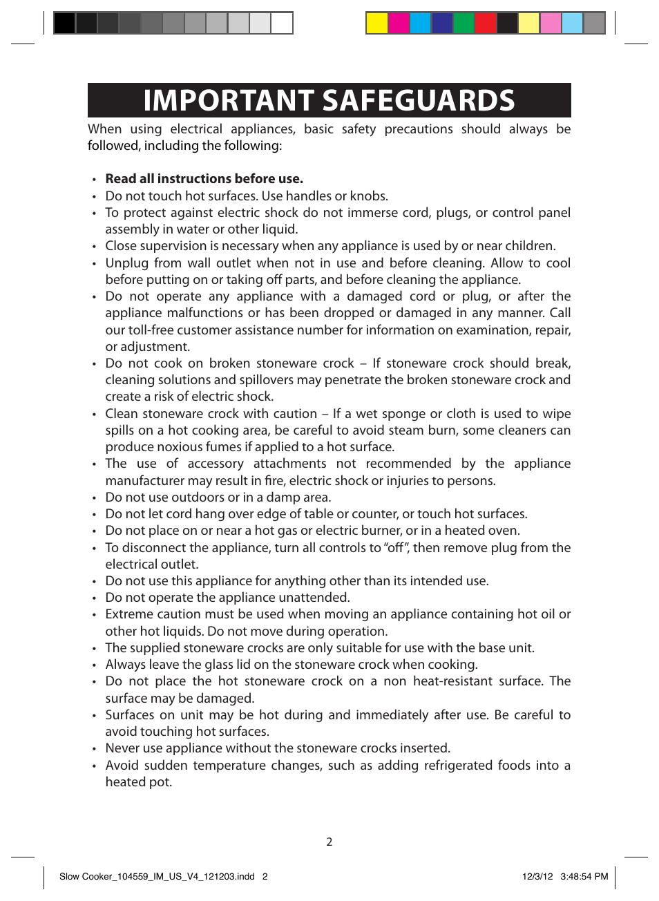 Important safeguards | FARBERWARE 104559 3 Crock 1.5 Qt. Oval Slow Cooker User Manual | Page 2 / 15