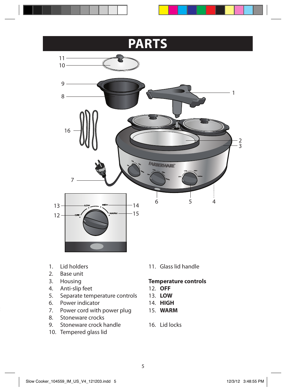 Parts, Additional safeguards, Extension cords | Grounding instructions, Grounding instructions – us only | FARBERWARE 104559 3 Crock 1.5 Qt. Oval Slow Cooker User Manual | Page 5 / 15