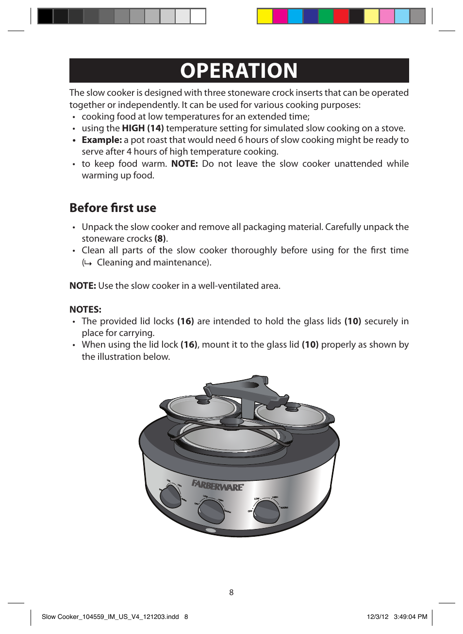 Operation, Before first use, Assembly | Operating instructions | FARBERWARE 104559 3 Crock 1.5 Qt. Oval Slow Cooker User Manual | Page 8 / 15