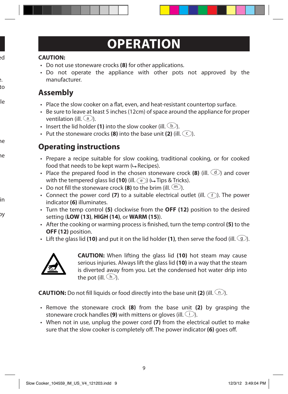 Operation, Before first use, Assembly | Operating instructions | FARBERWARE 104559 3 Crock 1.5 Qt. Oval Slow Cooker User Manual | Page 9 / 15