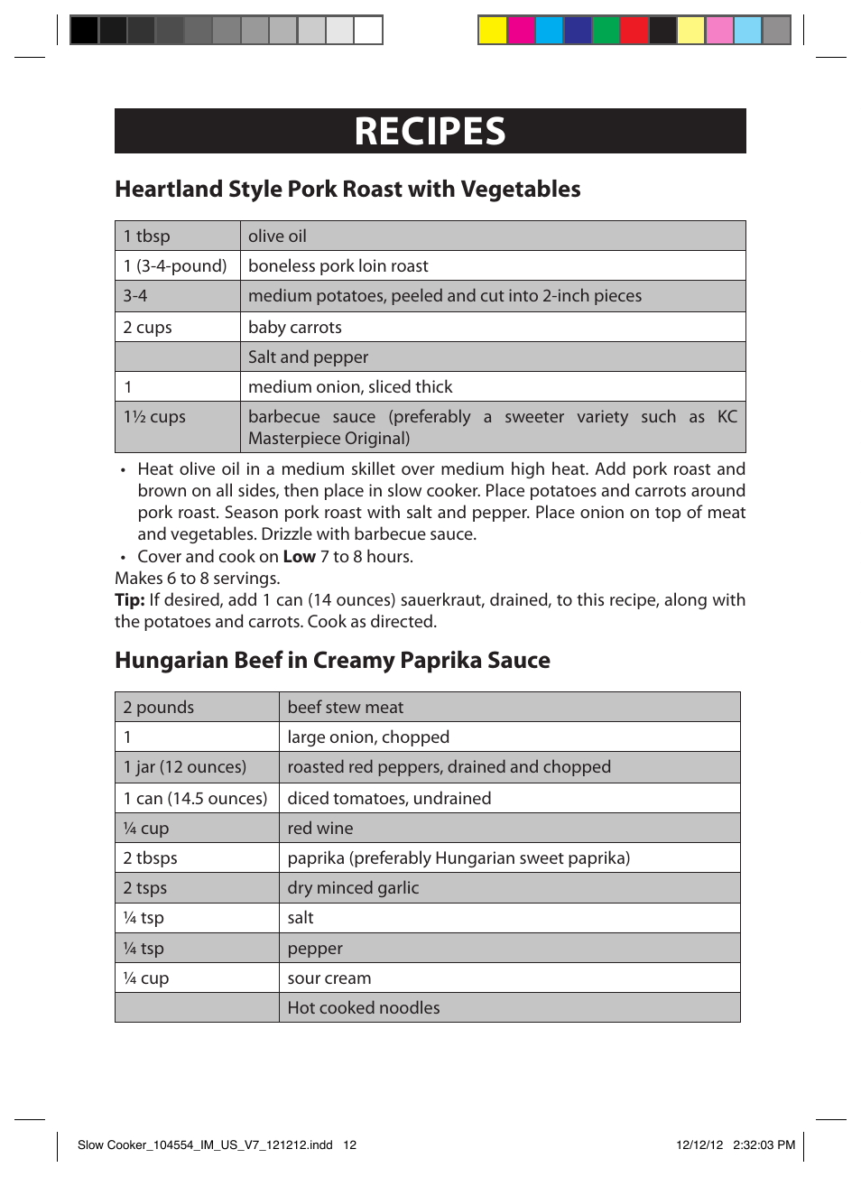 Recipes, All time favorite chili, Heartland style pork roast with vegetables | Hungarian beef in creamy paprika sauce | FARBERWARE 104554 6 Qt. Oval Slow Cooker User Manual | Page 12 / 27