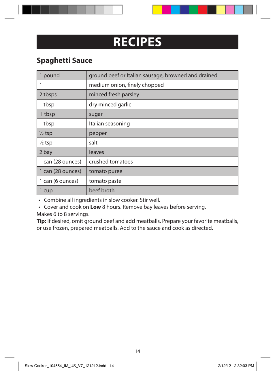 Recipes, Spaghetti sauce, Chicken and vegetable soup | FARBERWARE 104554 6 Qt. Oval Slow Cooker User Manual | Page 14 / 27