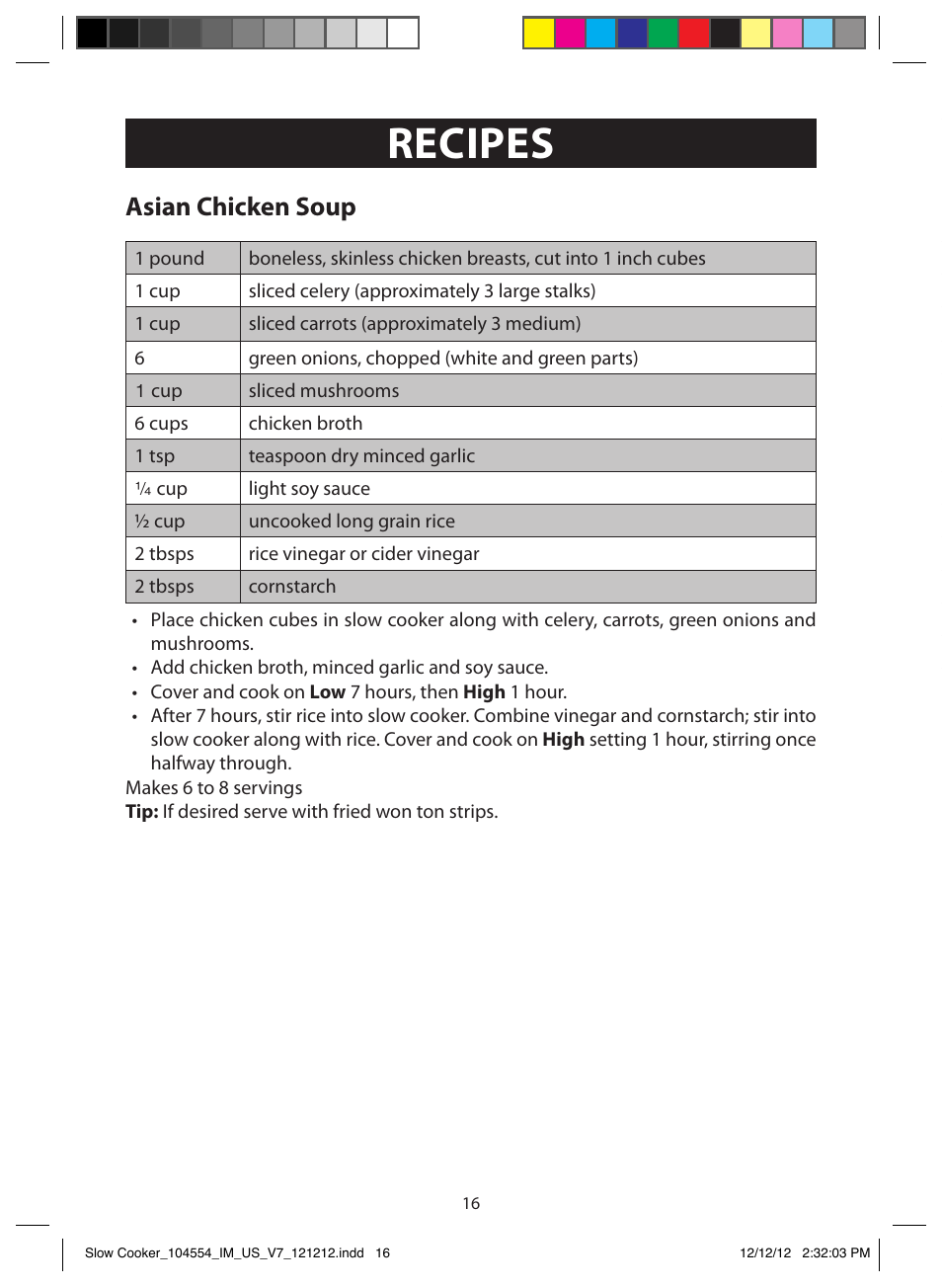 Recipes, Asian chicken soup, South american inspired beef stew | FARBERWARE 104554 6 Qt. Oval Slow Cooker User Manual | Page 16 / 27