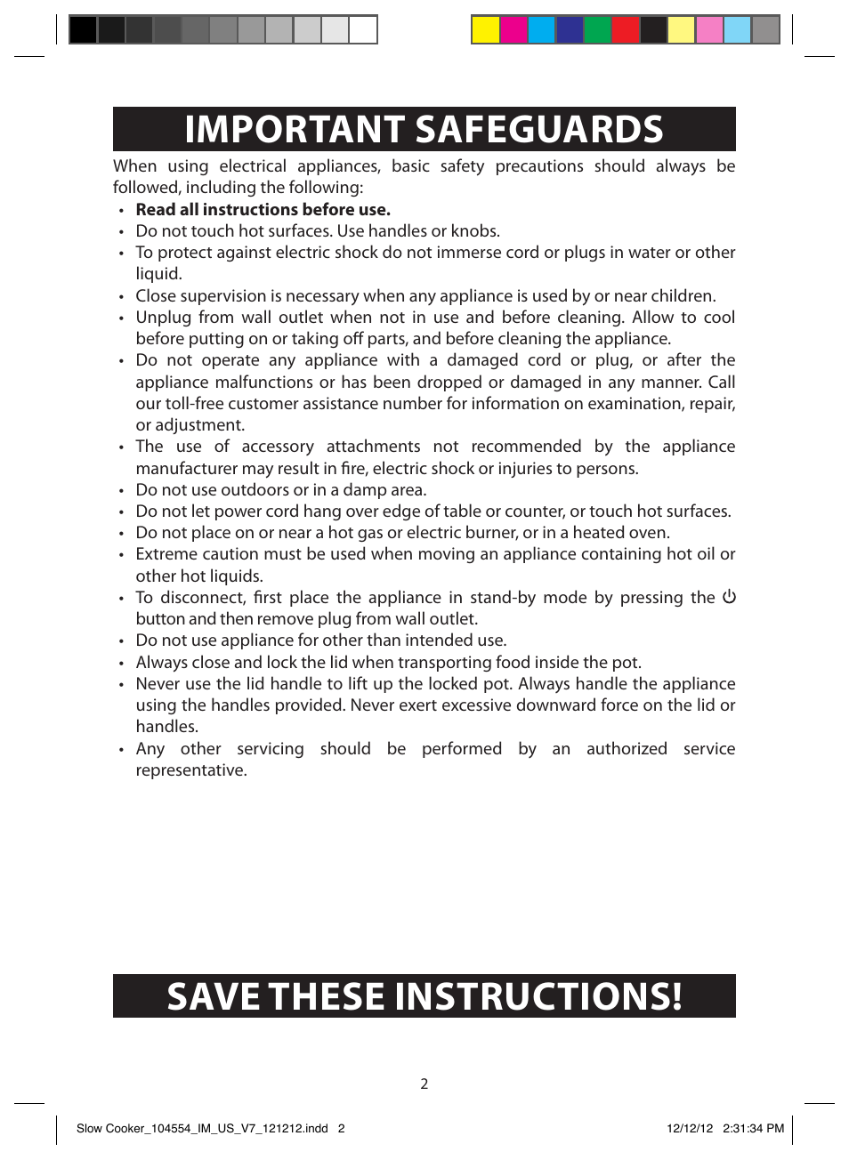 Important safeguards, Save these instructions | FARBERWARE 104554 6 Qt. Oval Slow Cooker User Manual | Page 2 / 27