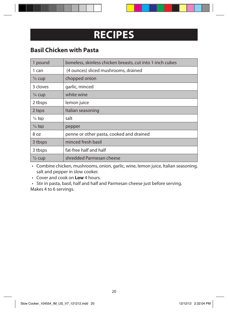 Recipes, Basil chicken with pasta, Tangy meatballs | FARBERWARE 104554 6 Qt. Oval Slow Cooker User Manual | Page 20 / 27