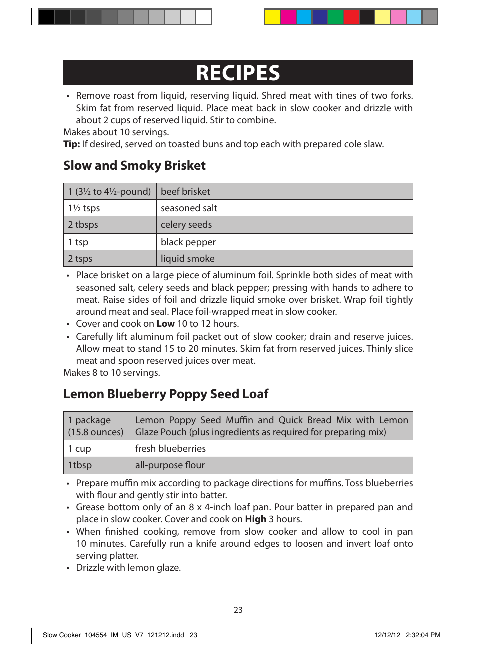 Recipes, Spicy lil’ franks, Low‘n’slow pulled pork | Slow and smoky brisket, Lemon blueberry poppy seed loaf | FARBERWARE 104554 6 Qt. Oval Slow Cooker User Manual | Page 23 / 27