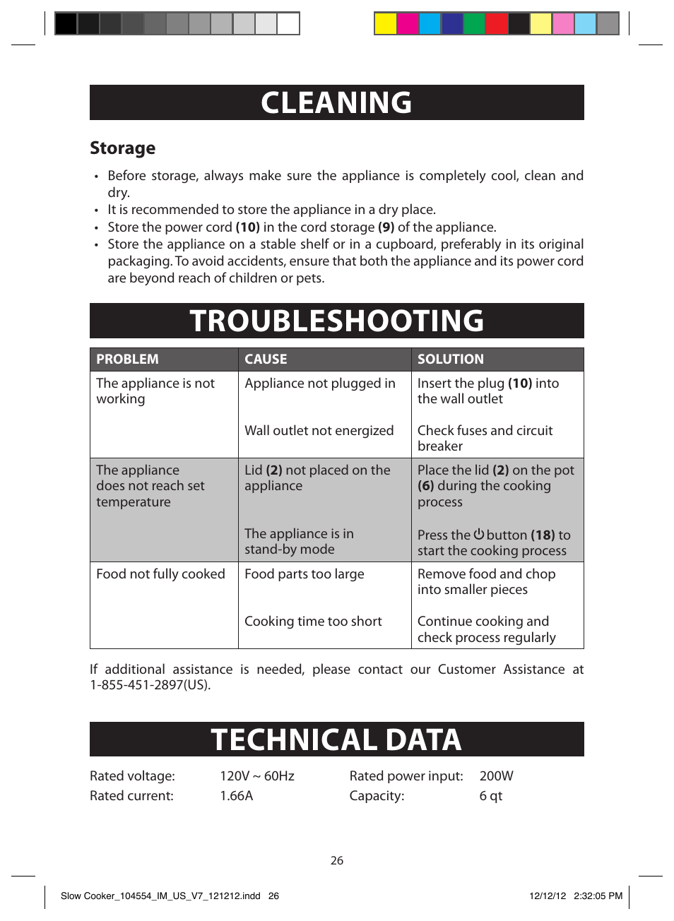 Customer assistance, Cleaning, Troubleshooting | Technical data, Storage | FARBERWARE 104554 6 Qt. Oval Slow Cooker User Manual | Page 26 / 27