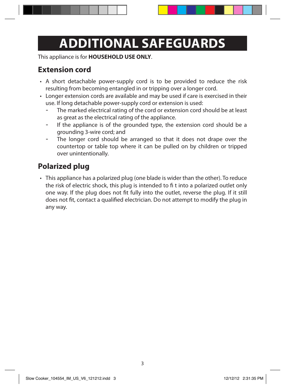 Important safeguards, Save these instructions! additional safeguards, Extension cord | Polarized plug | FARBERWARE 104554 6 Qt. Oval Slow Cooker User Manual | Page 3 / 27