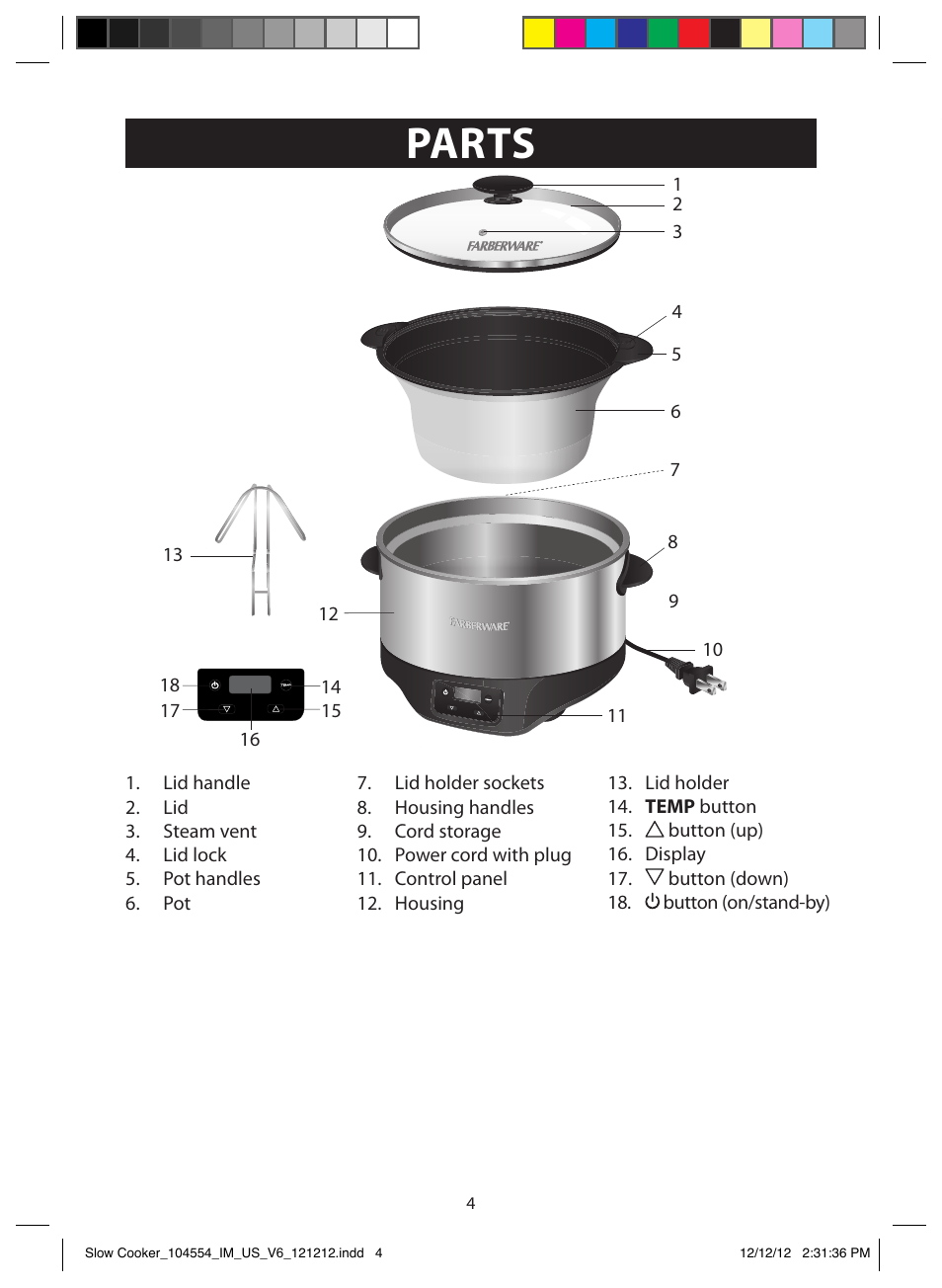 Parts, Illustrations | FARBERWARE 104554 6 Qt. Oval Slow Cooker User Manual | Page 4 / 27