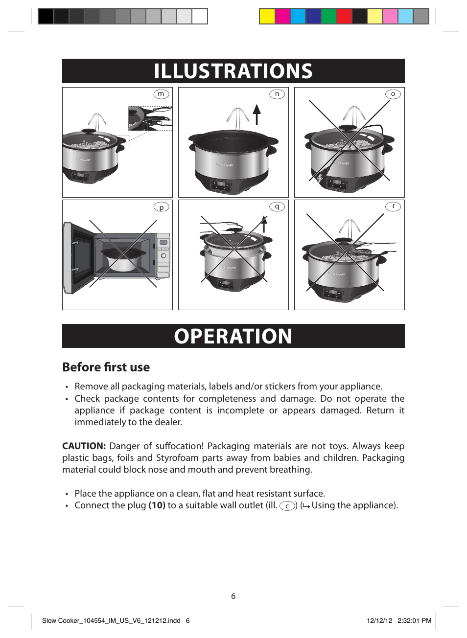 Illustrations, Operation, Before first use | FARBERWARE 104554 6 Qt. Oval Slow Cooker User Manual | Page 6 / 27