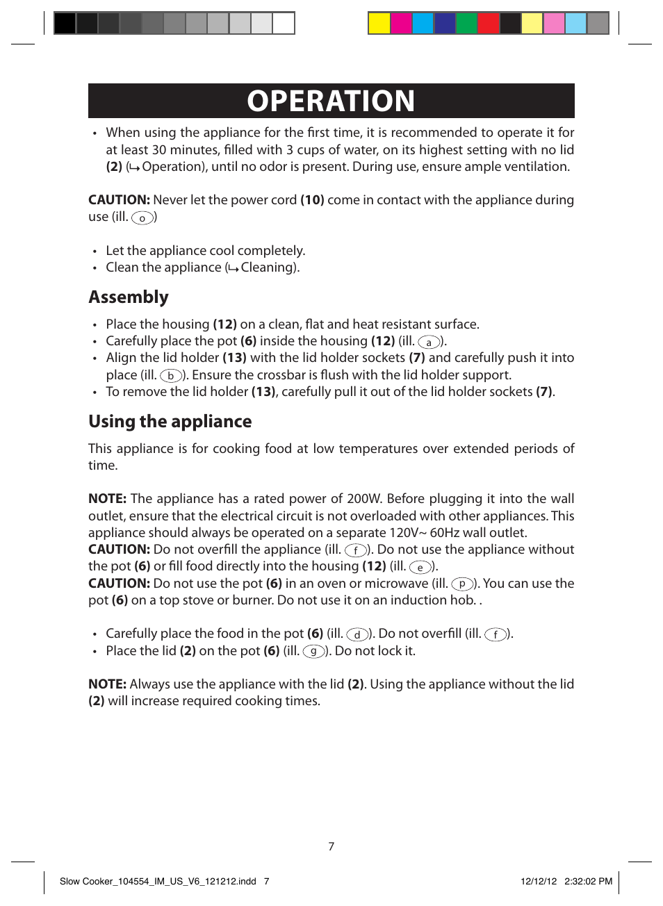Illustrations operation, Operation, Before first use | Assembly, Using the appliance | FARBERWARE 104554 6 Qt. Oval Slow Cooker User Manual | Page 7 / 27