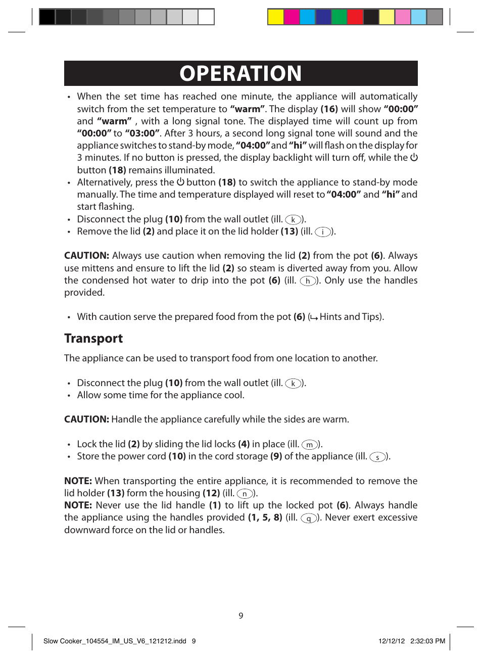 Operation, Transport | FARBERWARE 104554 6 Qt. Oval Slow Cooker User Manual | Page 9 / 27