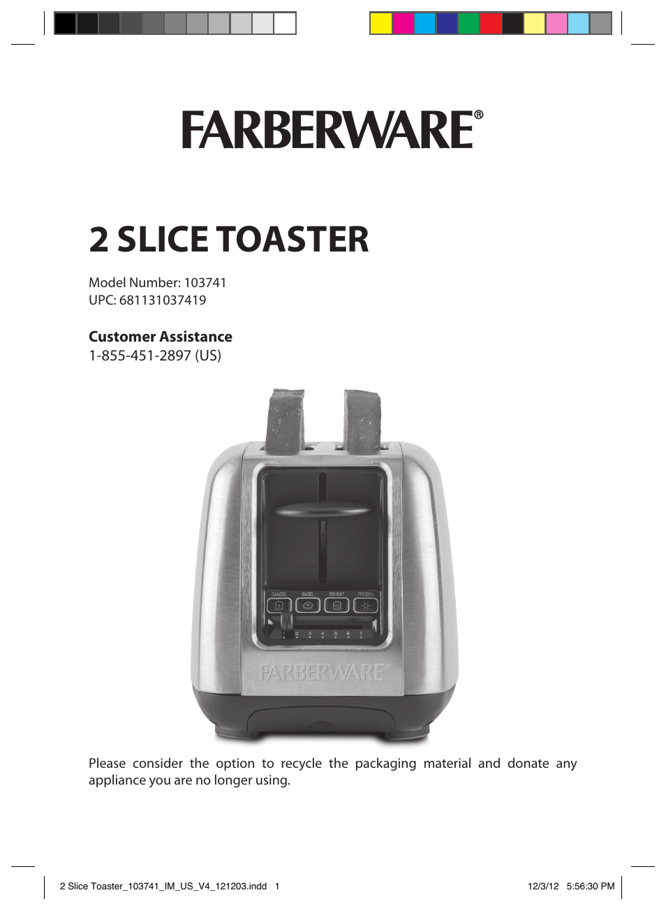 FARBERWARE 103741 2 Slice Toaster User Manual | 13 pages
