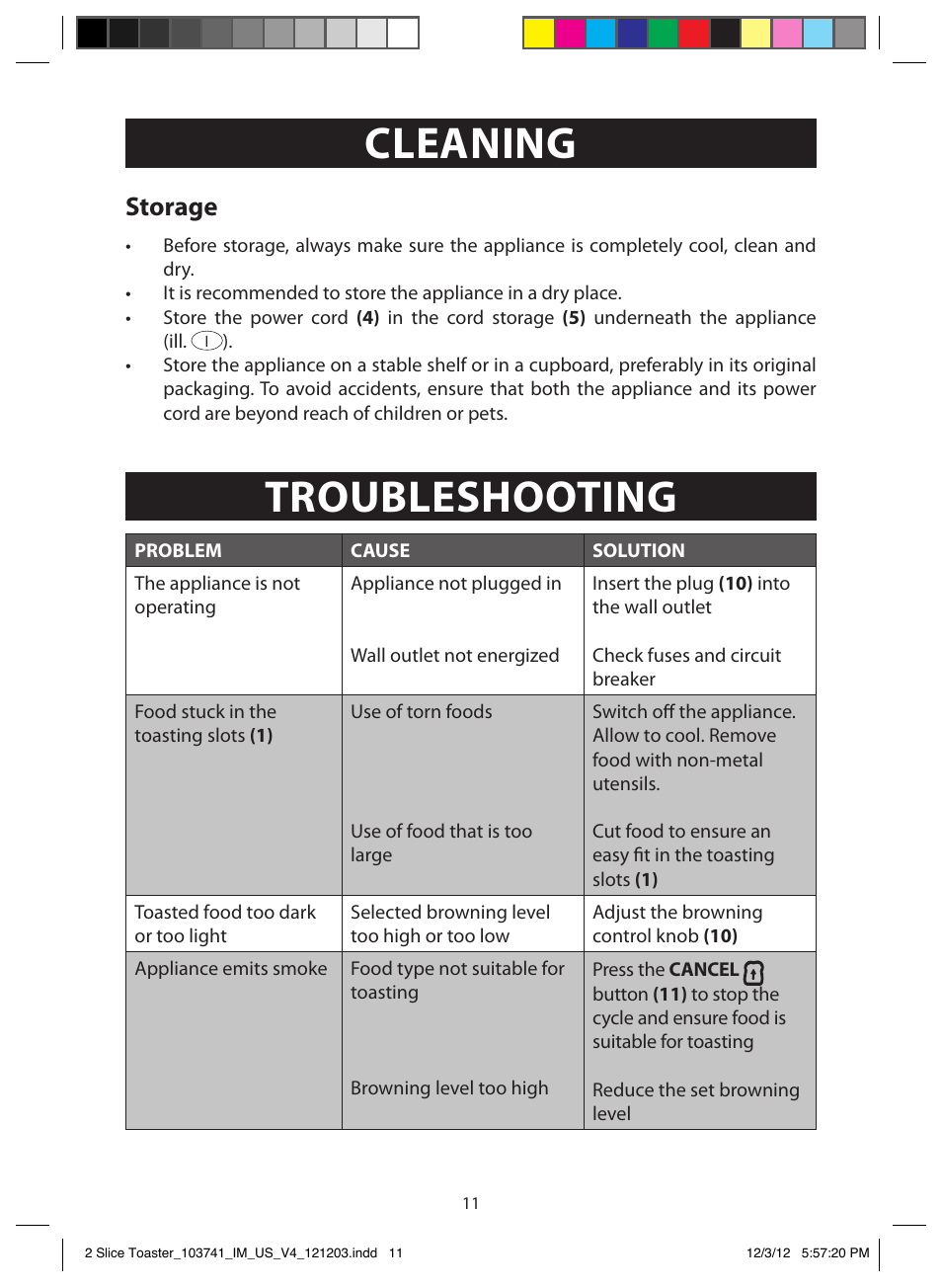 Operation, Cleaning, Troubleshooting | Storage | FARBERWARE 103741 2 Slice Toaster User Manual | Page 11 / 13