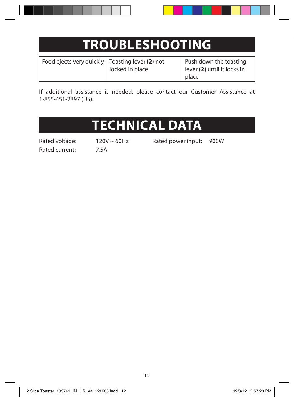 Customer assistance, Troubleshooting, Technical data | FARBERWARE 103741 2 Slice Toaster User Manual | Page 12 / 13