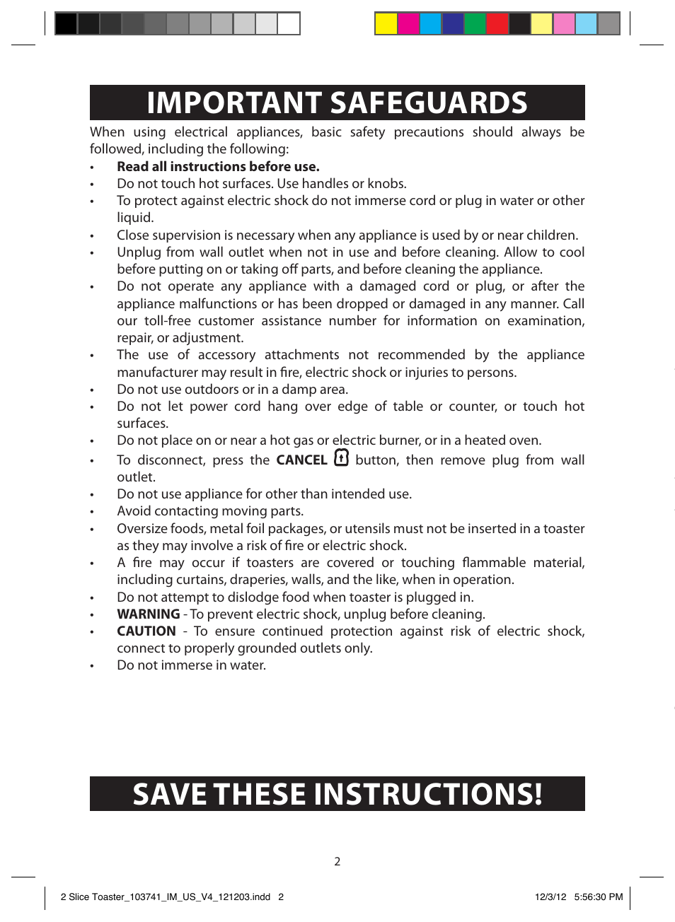 Additional safeguards, Important safeguards, Save these instructions | Grounding instructions, Grounding instructions – us only | FARBERWARE 103741 2 Slice Toaster User Manual | Page 2 / 13