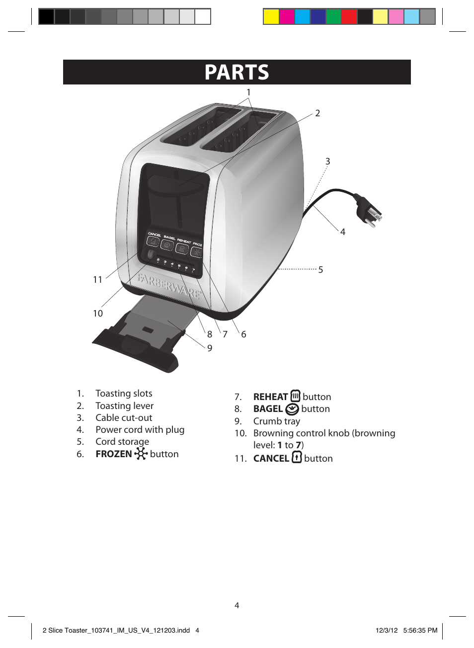 Illustrations parts | FARBERWARE 103741 2 Slice Toaster User Manual | Page 4 / 13