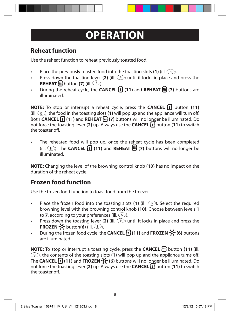 Operation, Bagel function, Combining functions | Reheat function, Frozen food function | FARBERWARE 103741 2 Slice Toaster User Manual | Page 8 / 13