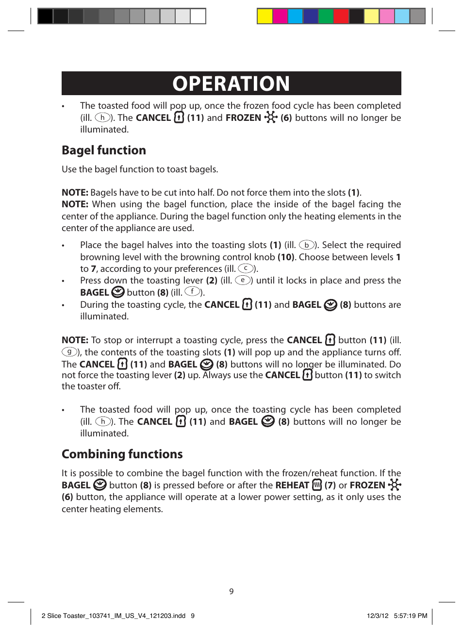 Operation, Bagel function, Combining functions | FARBERWARE 103741 2 Slice Toaster User Manual | Page 9 / 13