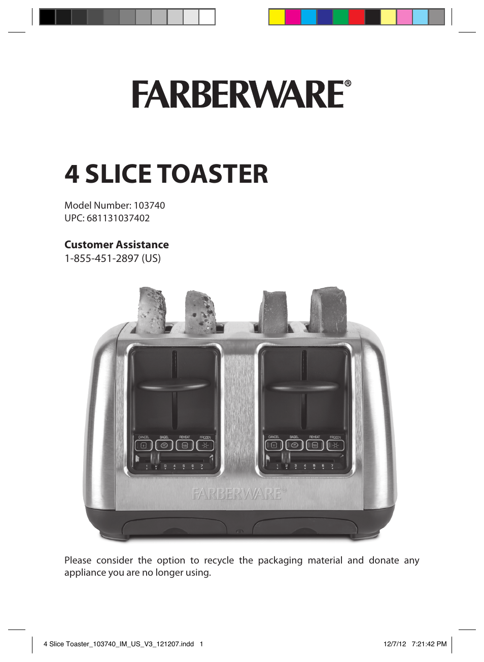 FARBERWARE 103740 4 Slice Toaster User Manual | 13 pages