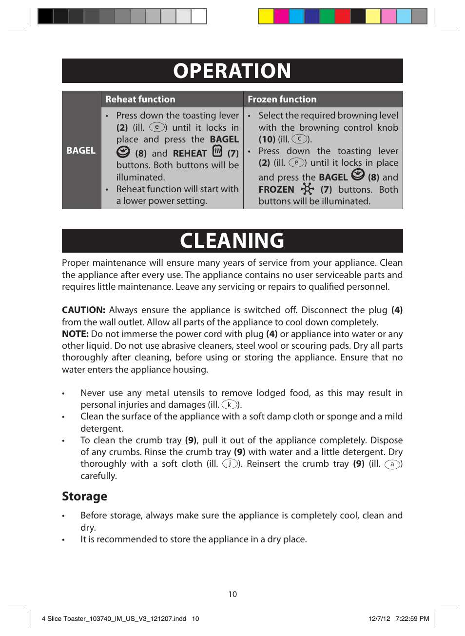 Operation, Cleaning, Troubleshooting | Storage | FARBERWARE 103740 4 Slice Toaster User Manual | Page 10 / 13