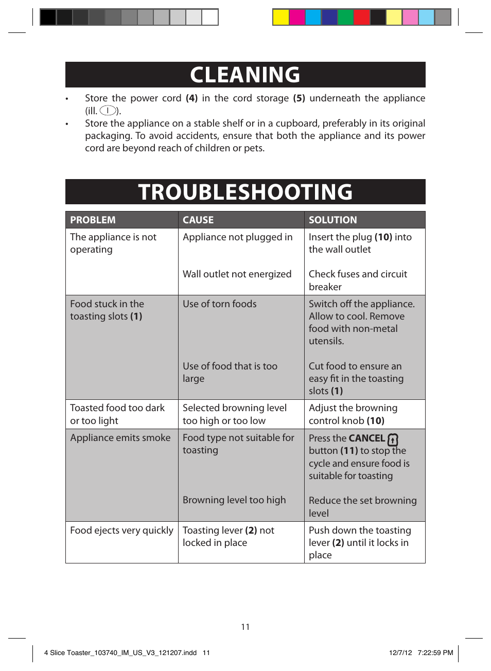 Operation, Cleaning, Troubleshooting | Storage | FARBERWARE 103740 4 Slice Toaster User Manual | Page 11 / 13