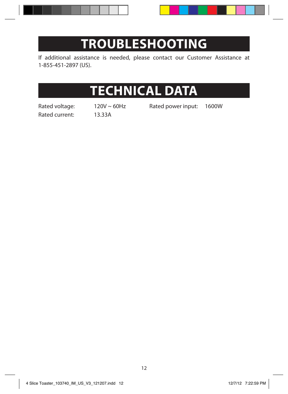 Customer assistance, Troubleshooting, Technical data | FARBERWARE 103740 4 Slice Toaster User Manual | Page 12 / 13