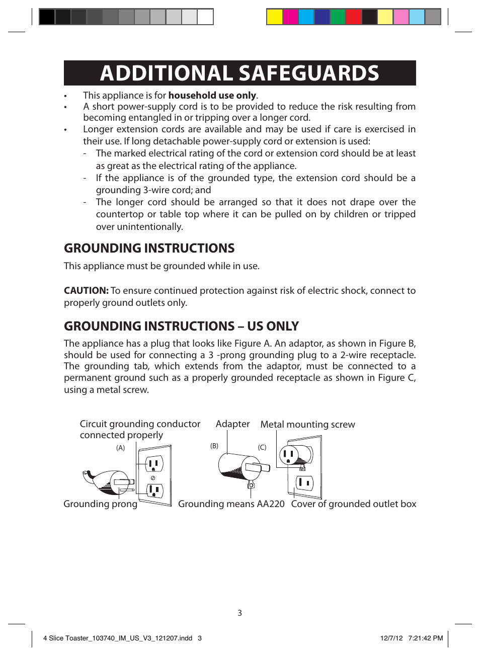 Additional safeguards, Grounding instructions, Grounding instructions – us only | FARBERWARE 103740 4 Slice Toaster User Manual | Page 3 / 13