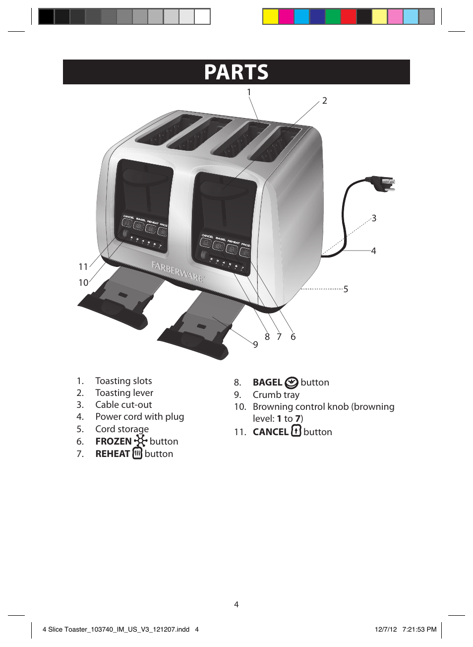 Illustrations parts | FARBERWARE 103740 4 Slice Toaster User Manual | Page 4 / 13