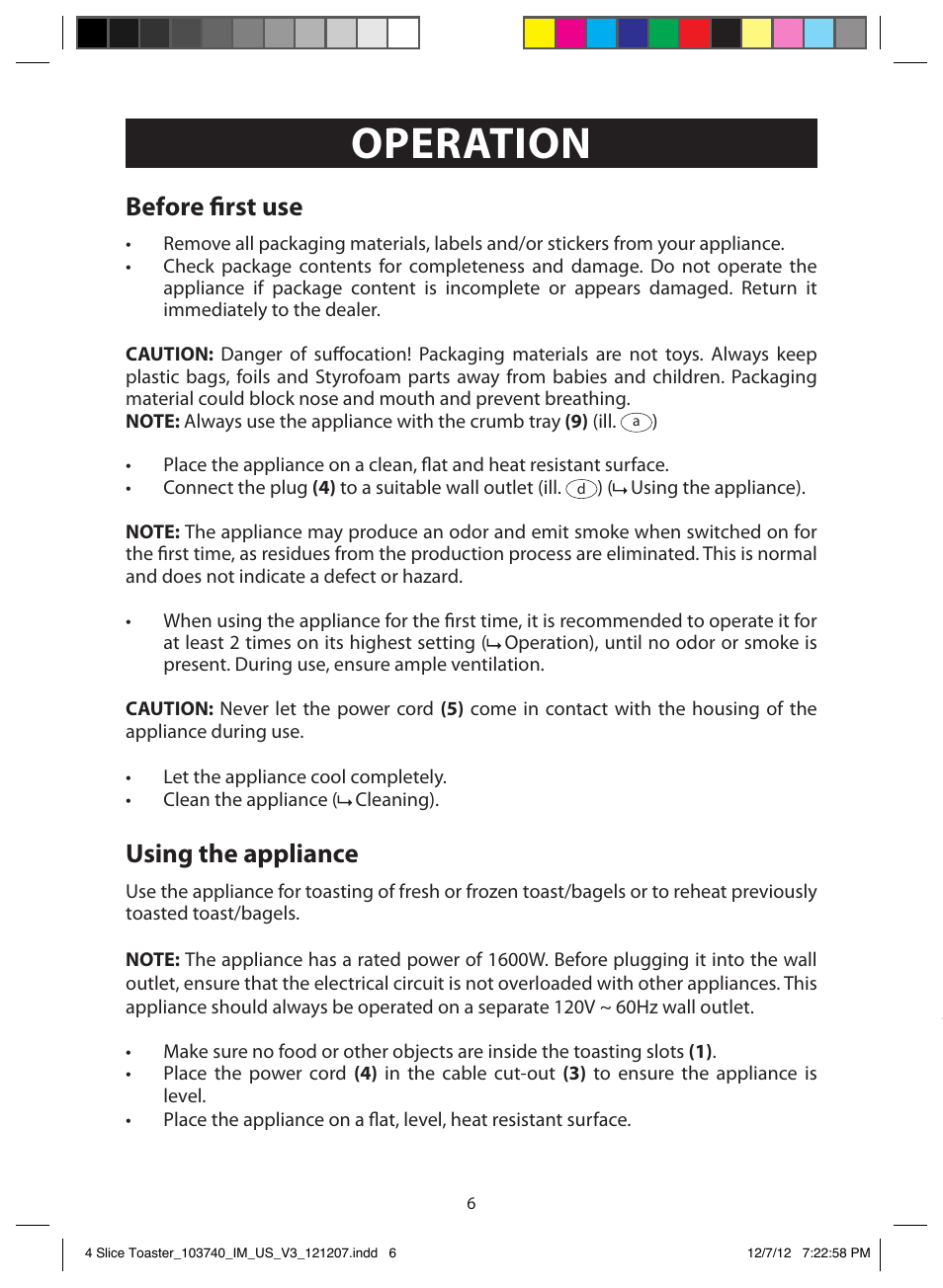 Operation, Switch on and off, Toasting function | Before first use, Using the appliance | FARBERWARE 103740 4 Slice Toaster User Manual | Page 6 / 13