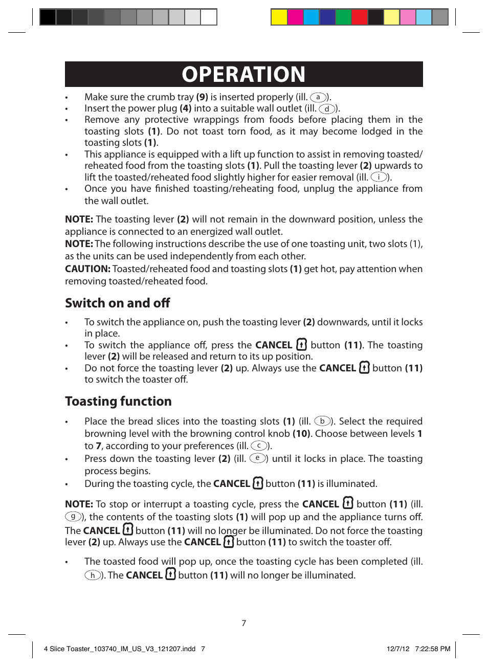 Operation, Switch on and off, Toasting function | FARBERWARE 103740 4 Slice Toaster User Manual | Page 7 / 13