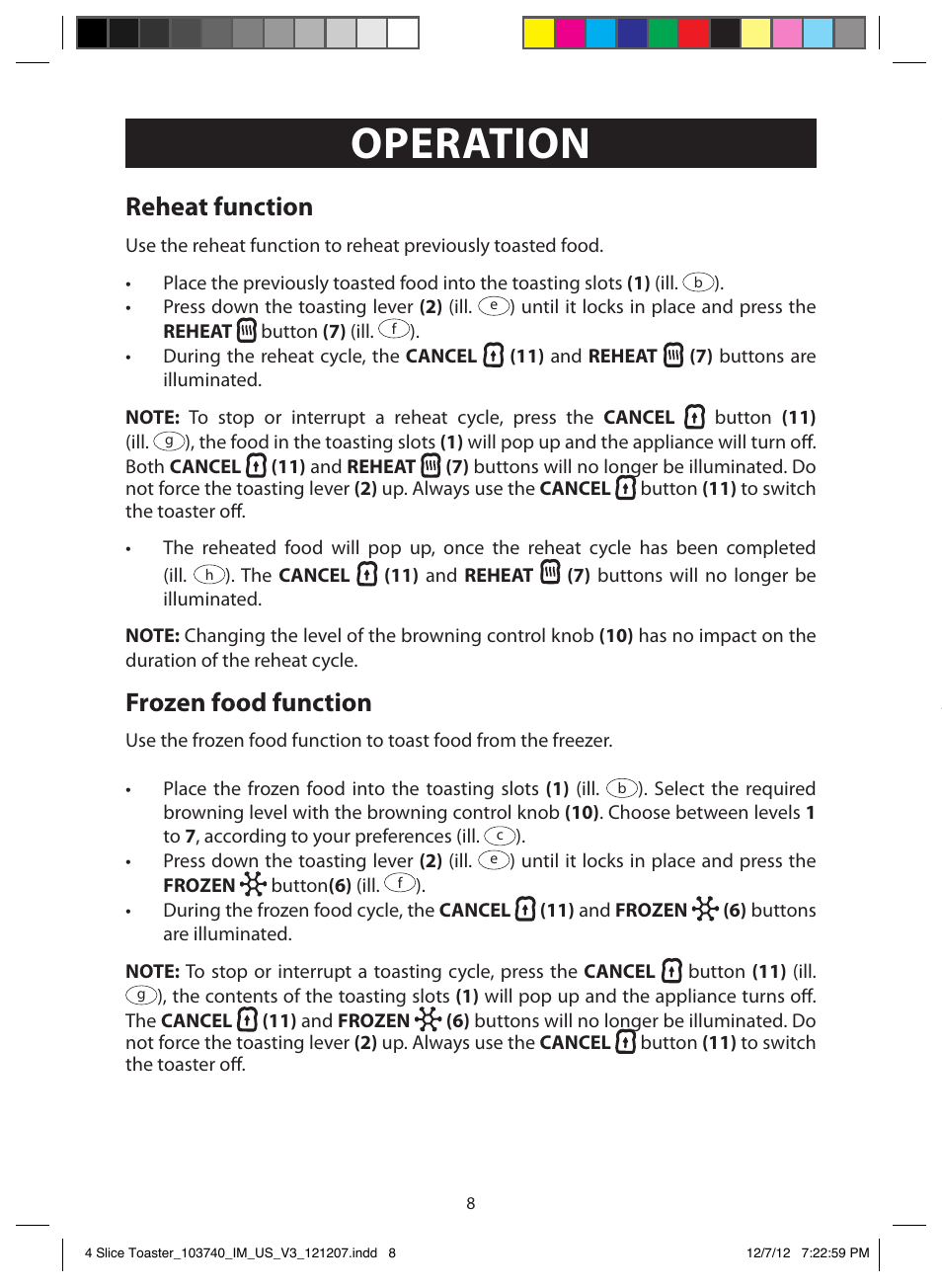 Operation, Bagel function, Combining functions | Reheat function, Frozen food function | FARBERWARE 103740 4 Slice Toaster User Manual | Page 8 / 13