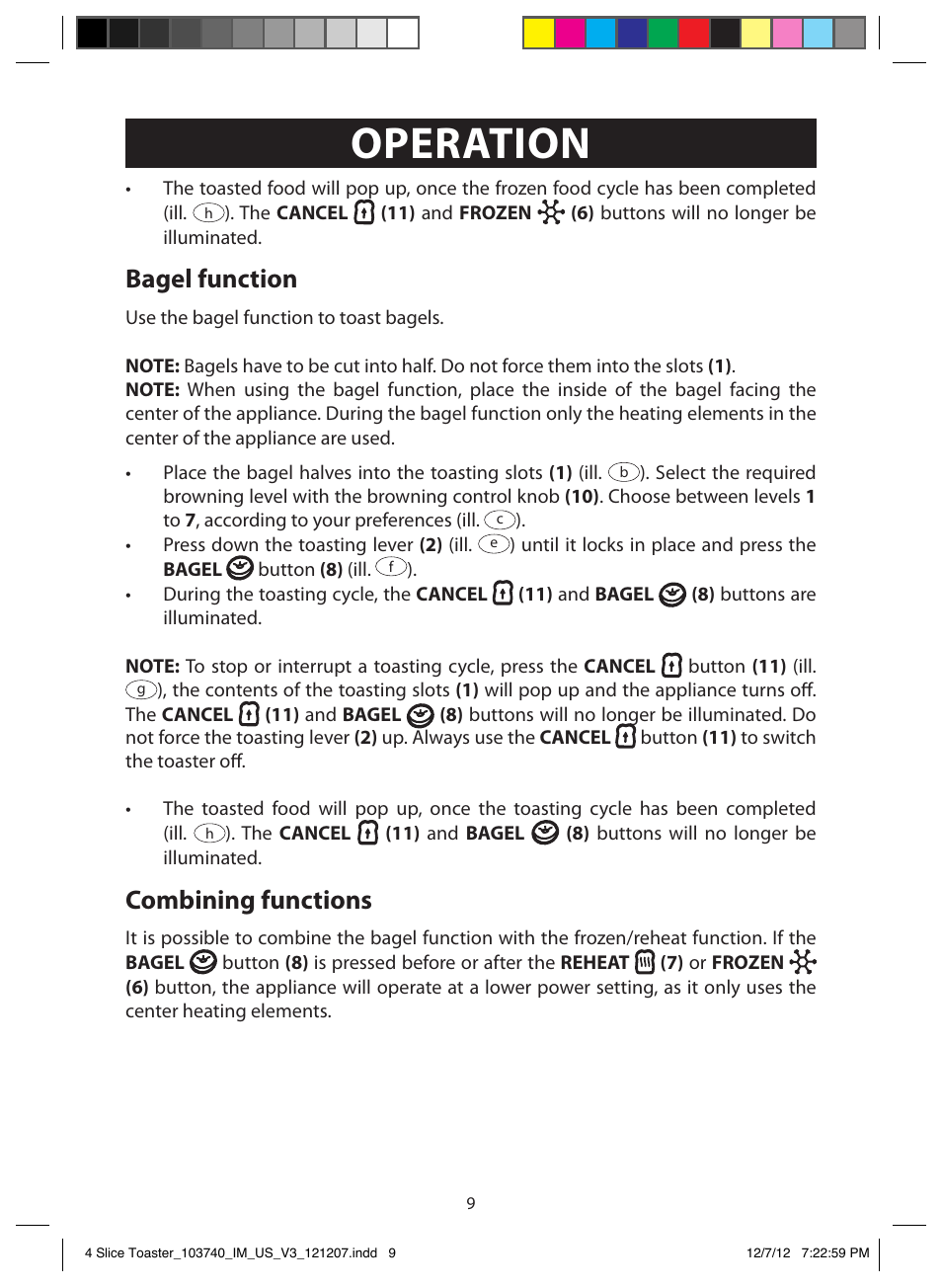 Operation, Bagel function, Combining functions | FARBERWARE 103740 4 Slice Toaster User Manual | Page 9 / 13