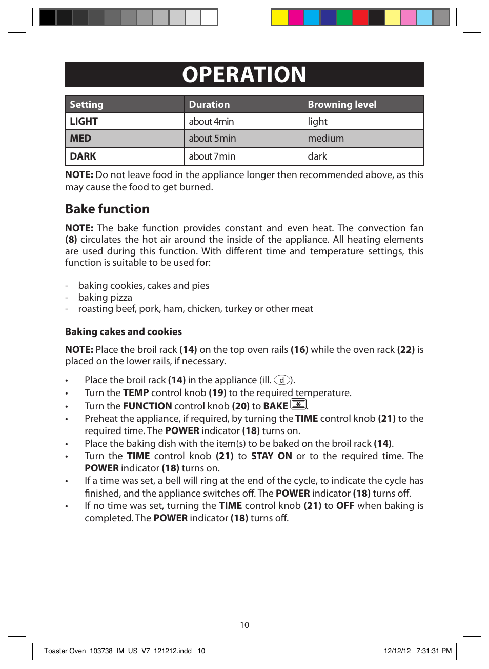 Operation, Bake function | FARBERWARE 103718 Countertop Convection Oven User Manual | Page 10 / 18