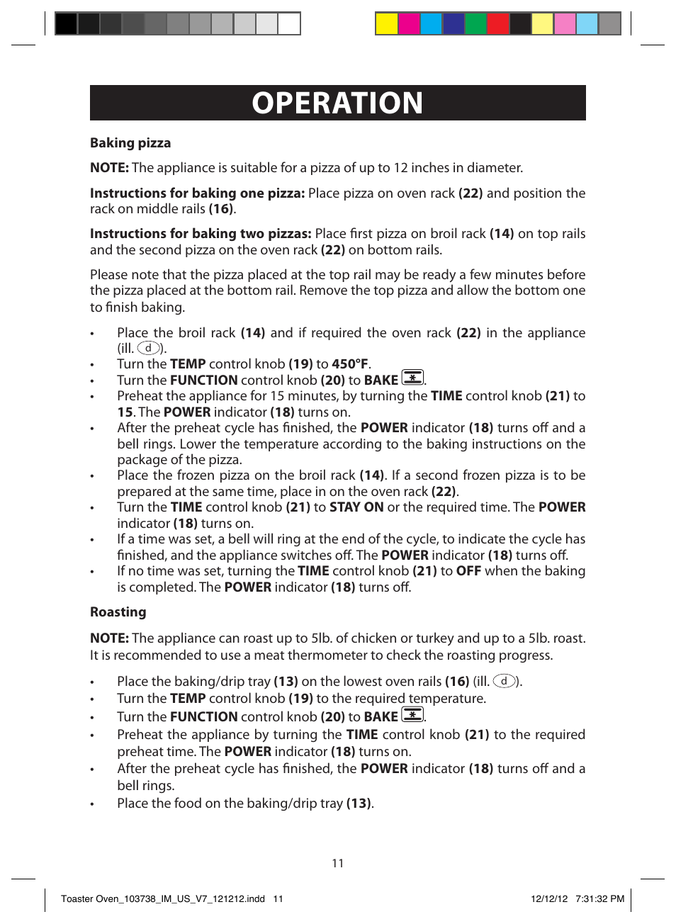 Operation, Bake function | FARBERWARE 103718 Countertop Convection Oven User Manual | Page 11 / 18
