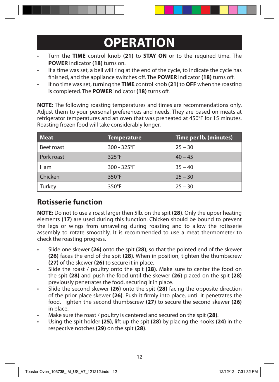 Operation, Rotisserie function | FARBERWARE 103718 Countertop Convection Oven User Manual | Page 12 / 18
