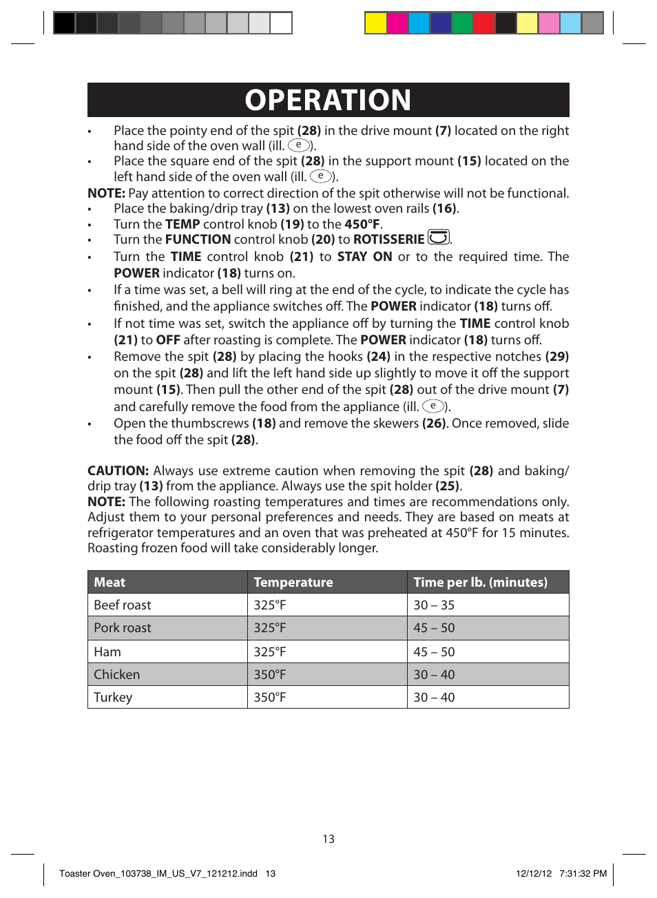 Operation, Rotisserie function | FARBERWARE 103718 Countertop Convection Oven User Manual | Page 13 / 18