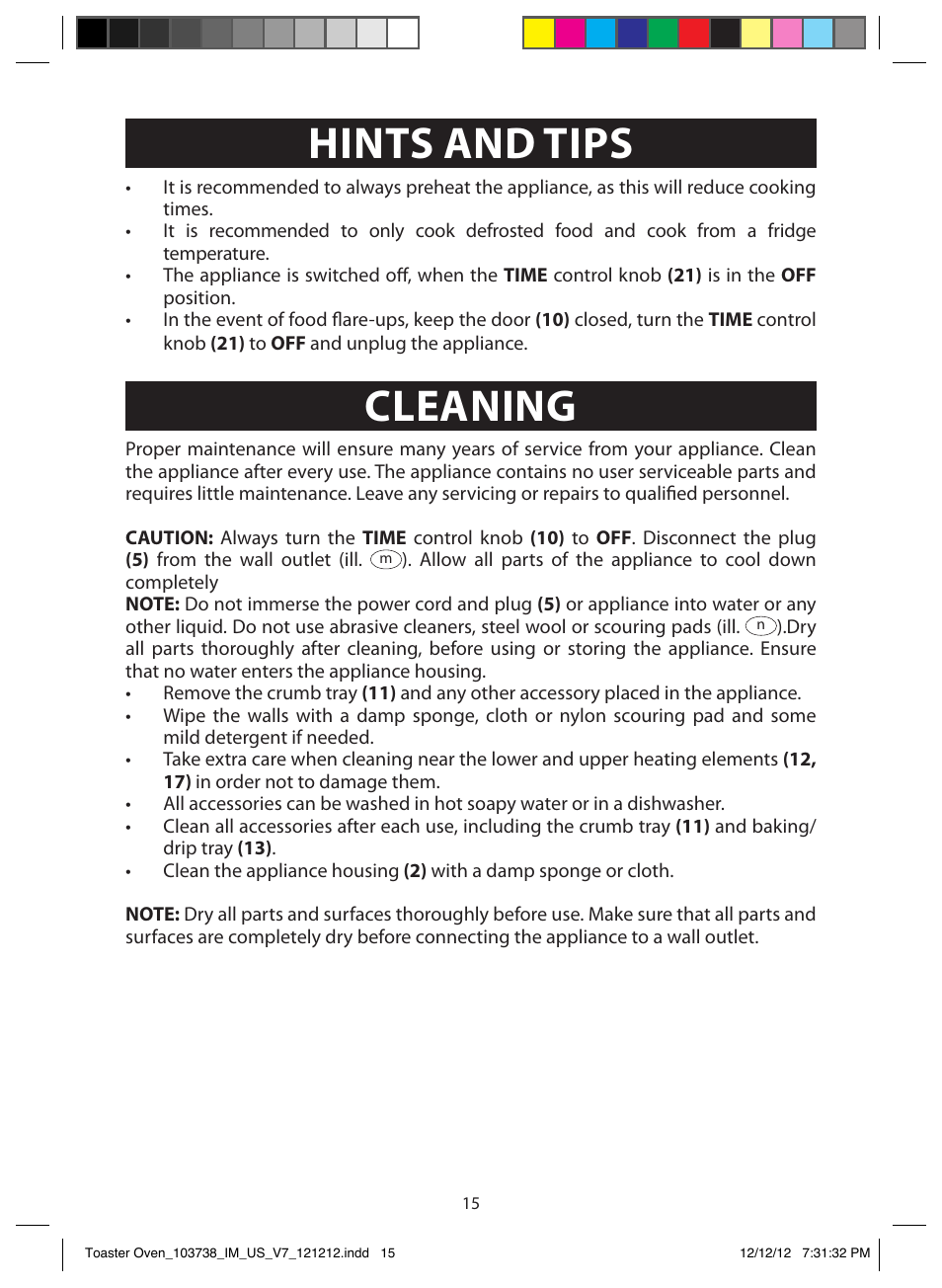 Operation, Hints and tips, Cleaning | Broil function | FARBERWARE 103718 Countertop Convection Oven User Manual | Page 15 / 18
