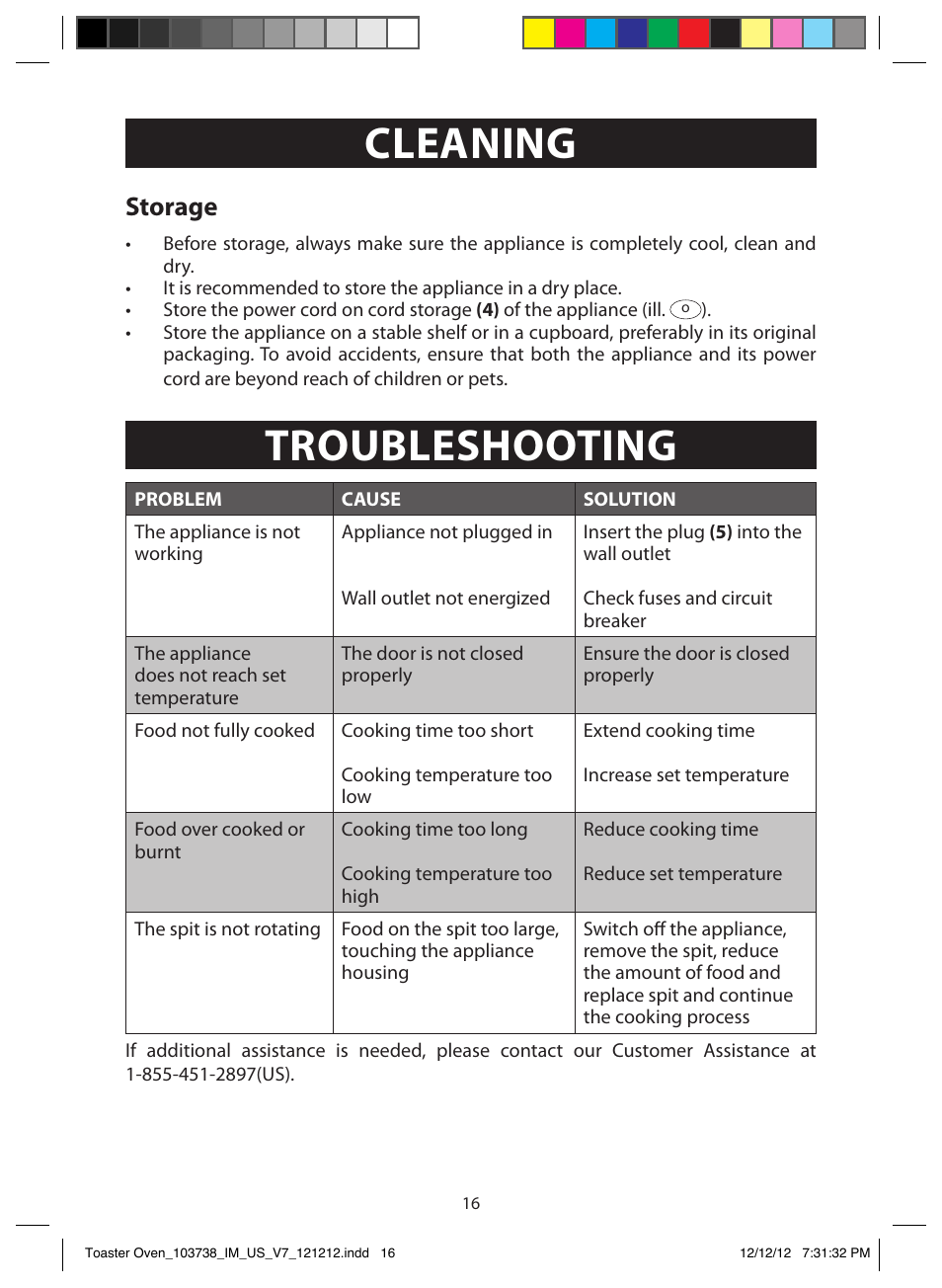 Technical data, Cleaning, Troubleshooting | Storage | FARBERWARE 103718 Countertop Convection Oven User Manual | Page 16 / 18