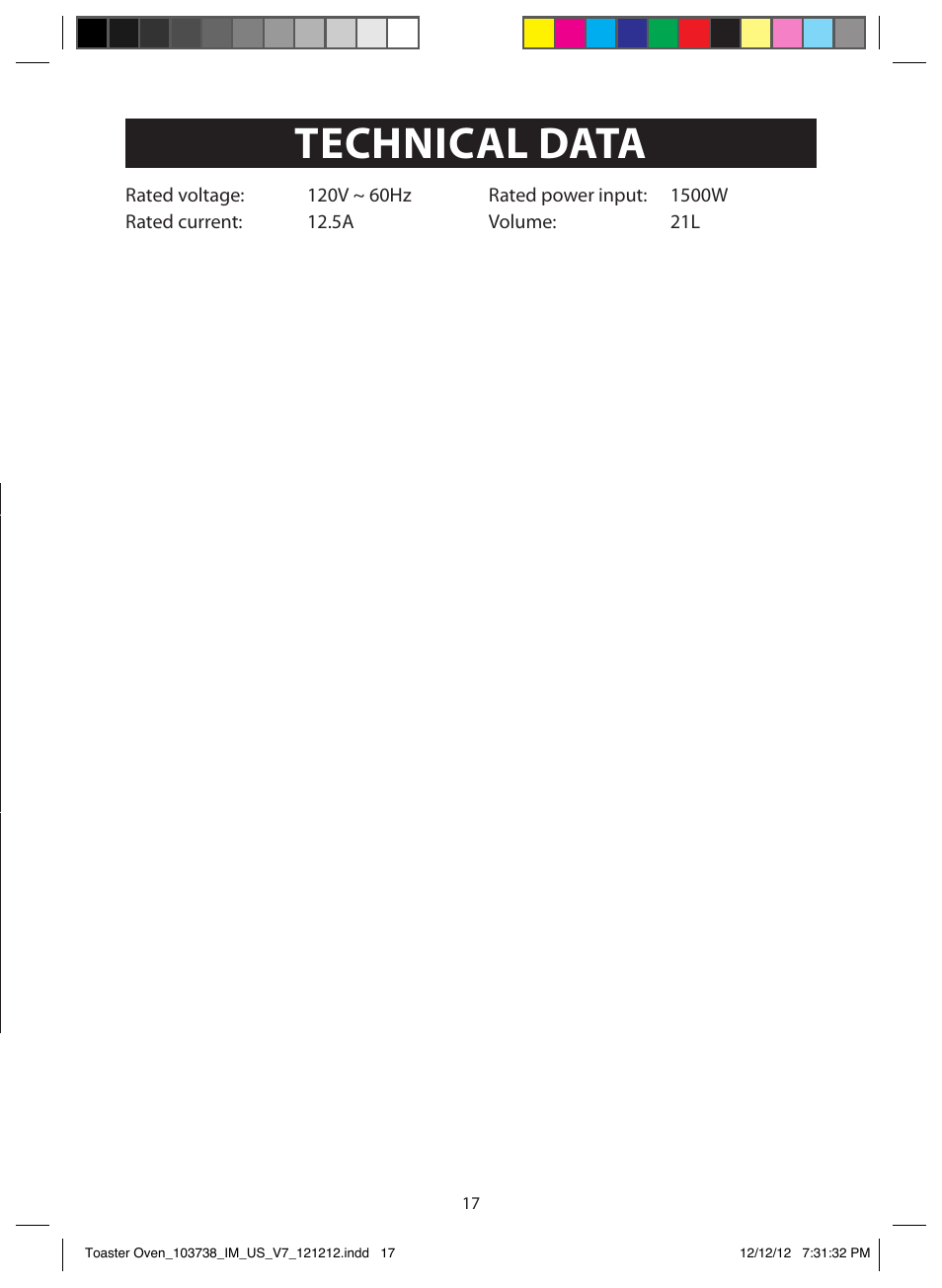 Technical data, Cleaning, Troubleshooting | Storage | FARBERWARE 103718 Countertop Convection Oven User Manual | Page 17 / 18