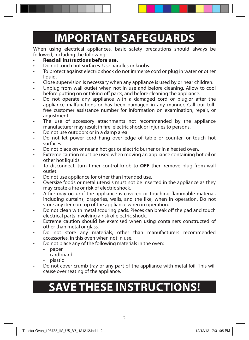 Important safeguards, Save these instructions! additional safeguards, Grounding instructions | Grounding instructions – us only | FARBERWARE 103718 Countertop Convection Oven User Manual | Page 2 / 18